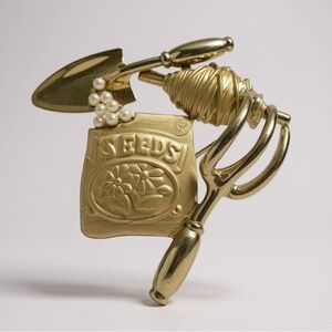 Ashley Cooper Gardening Tools Brooch Gold Tone Seeds Shovel Rake Pearl